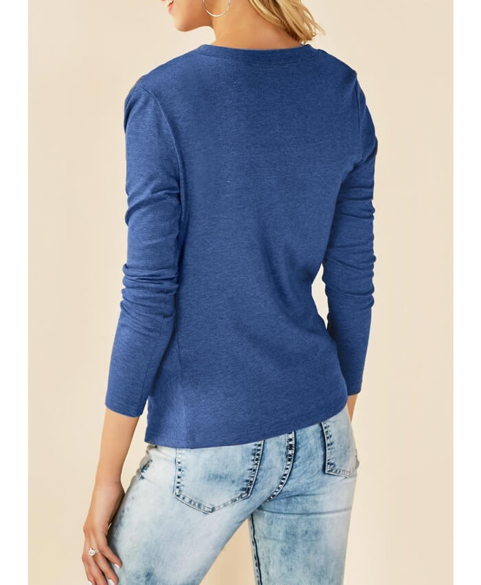 Long Sleeve Draped Round Neck Blue T Shirt